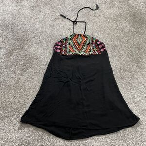 Gianni Bini Womens Large Sleeveless A Line Tribal Dress Black Embroidered Halter